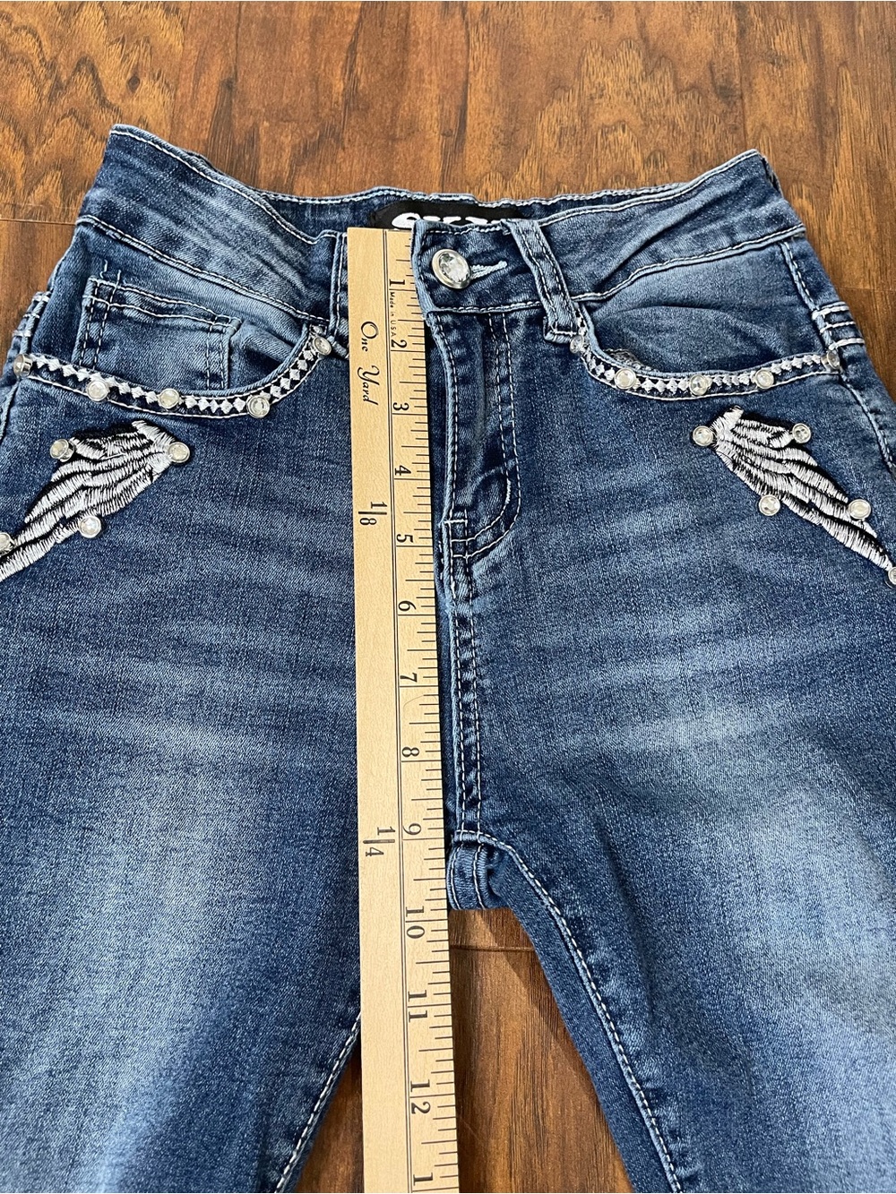 Sky Women's Boot Cut Jeans - Dark Blue with Embellished Skull Pocket - Picture 6 of 9